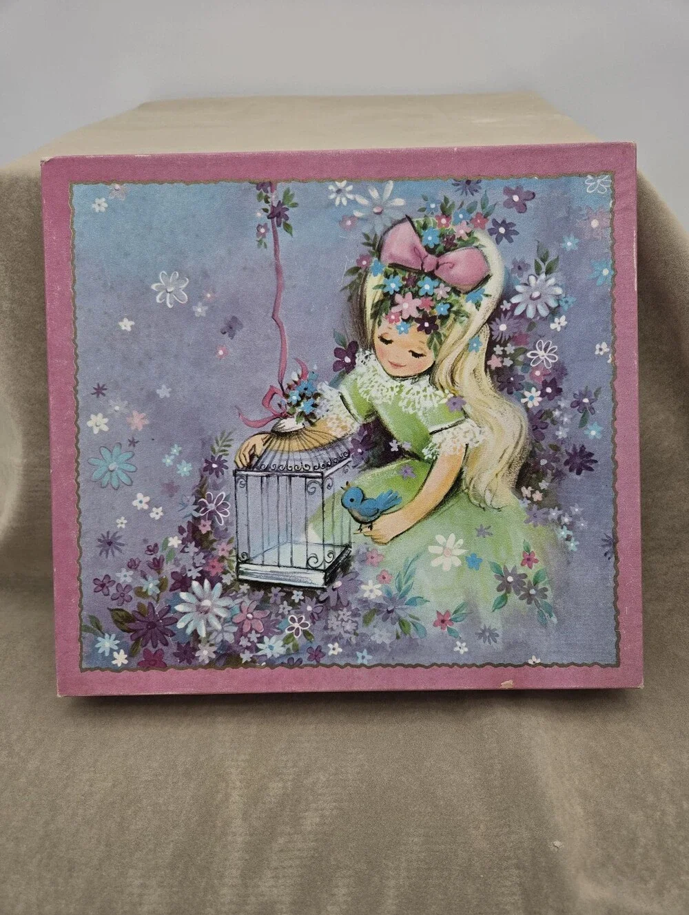 Vintage 1960s Greeting Card Box Girl with Bird